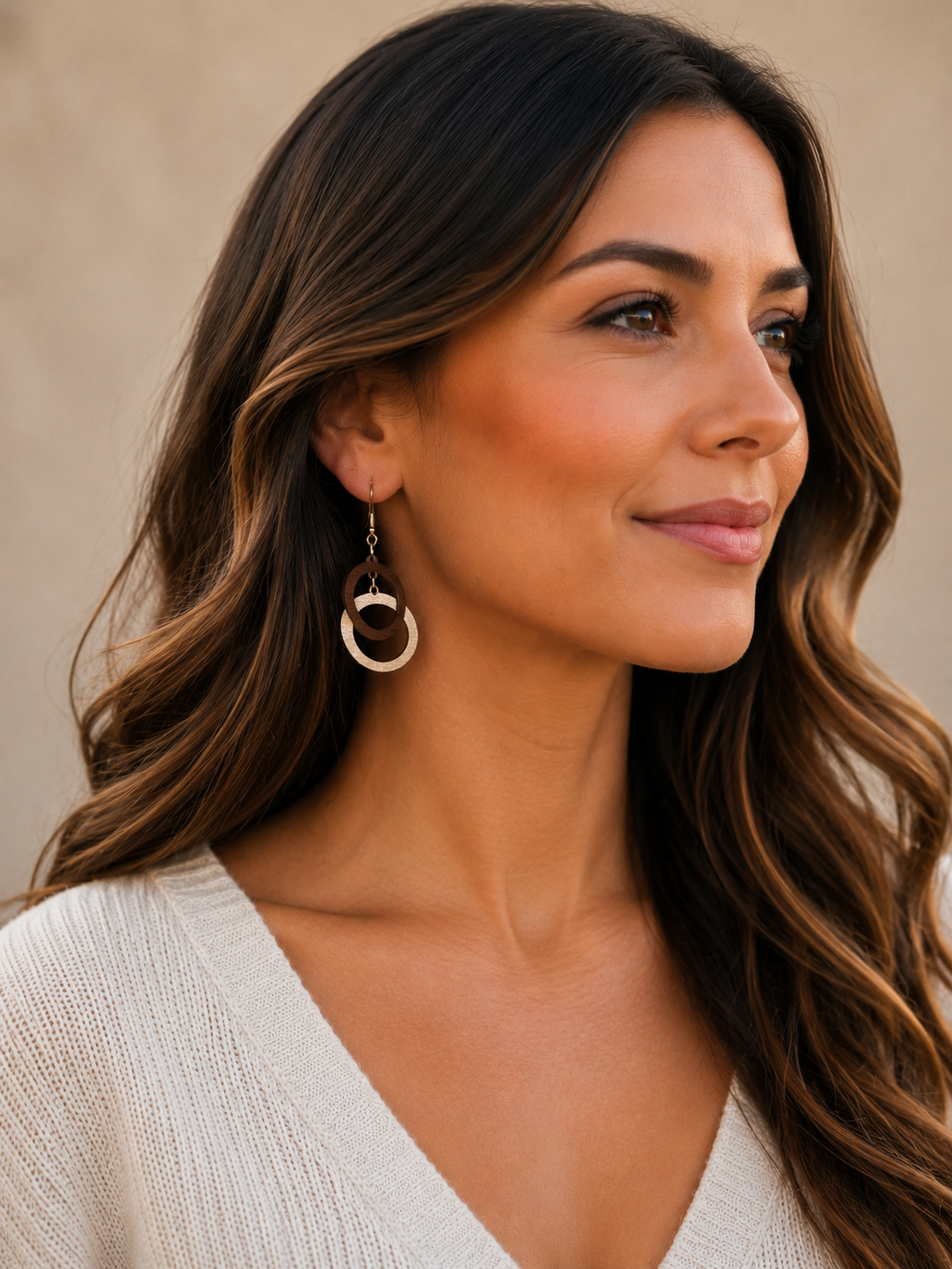 Interlocked wood round dangle earrings