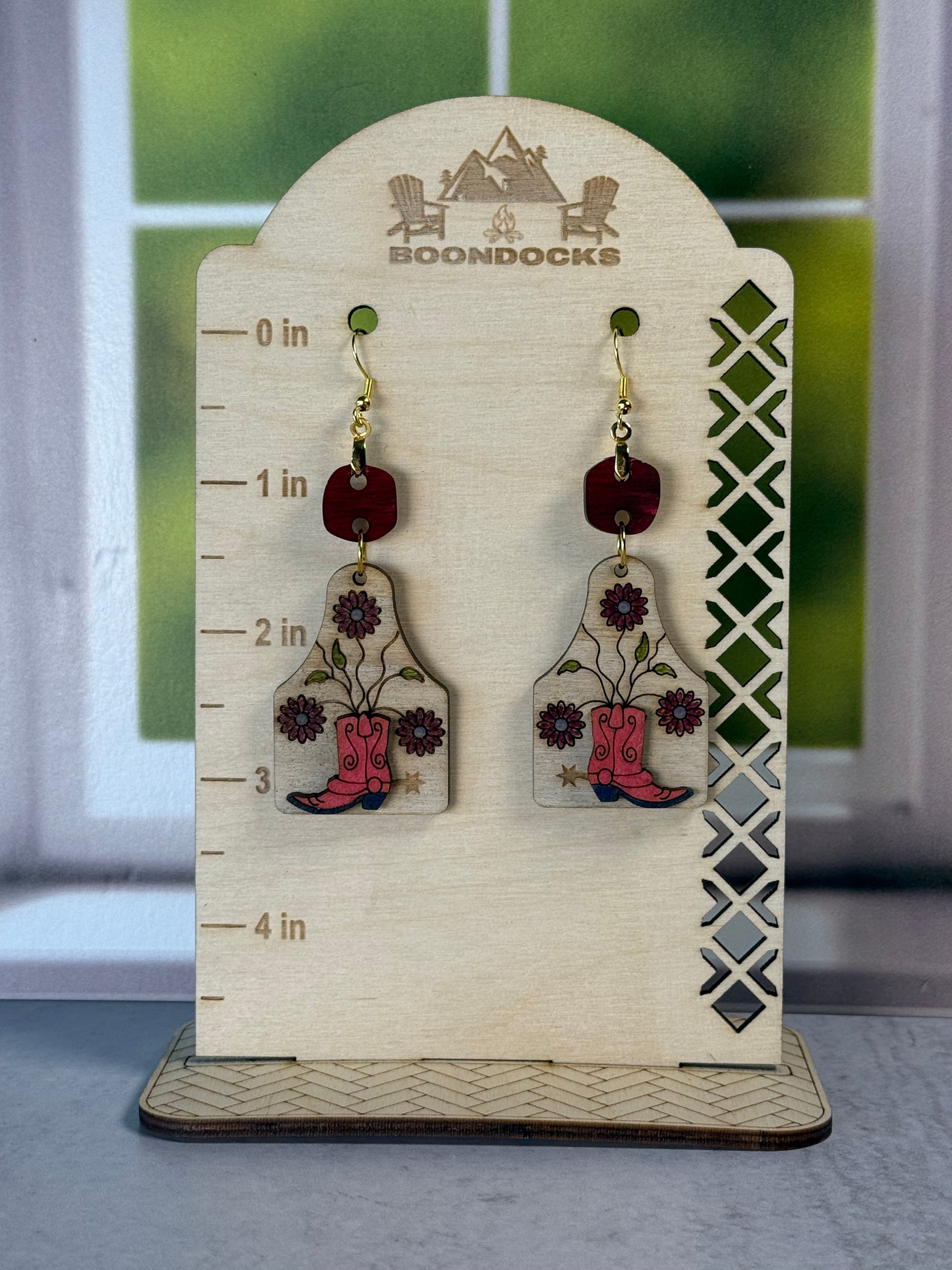 Handcrafted floral boot cow tag shaped dangle earrings — Boondocks LLC western jewelry