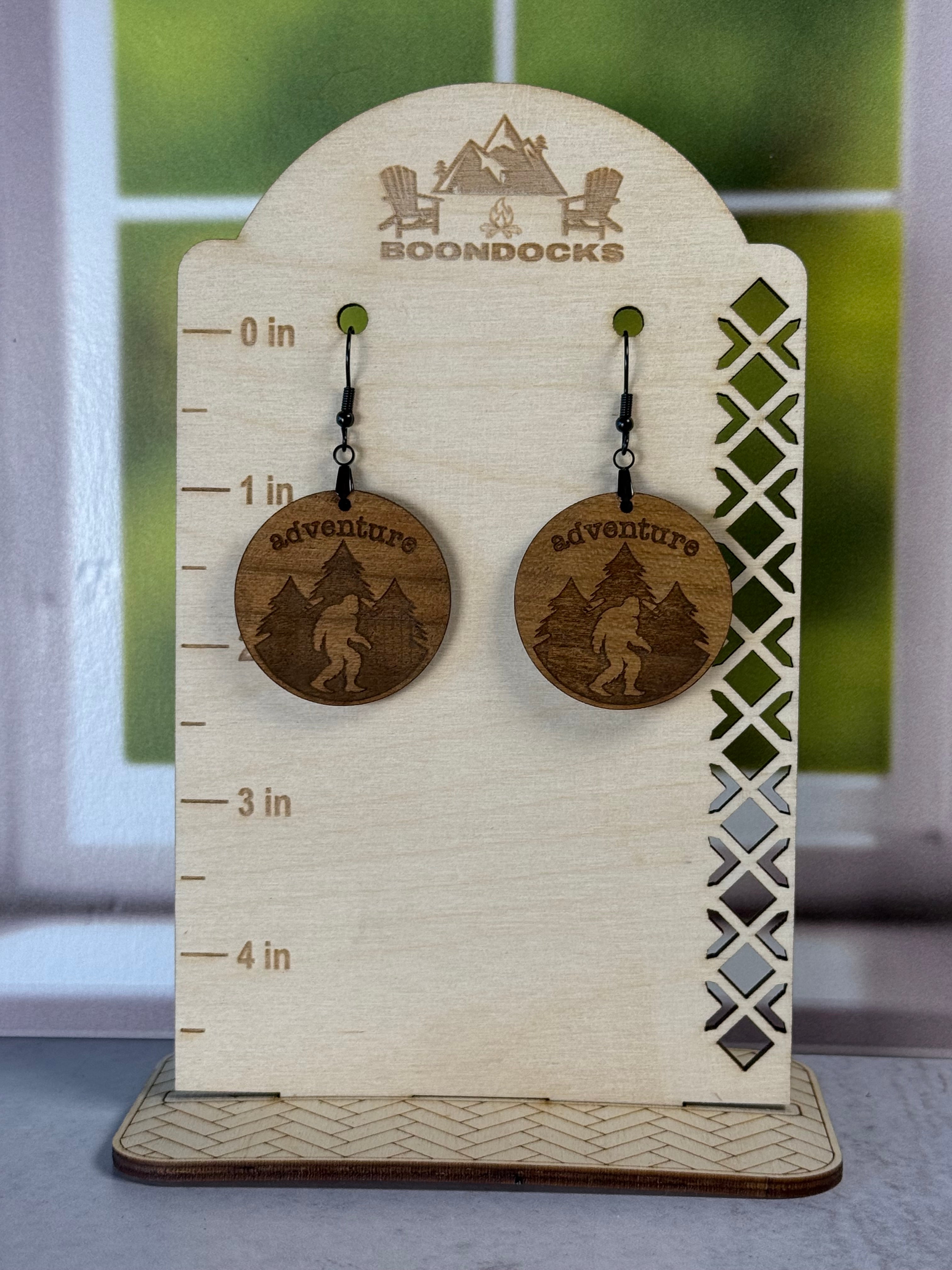 Handcrafted Sasquatch adventure earrings — Boondocks LLC outdoor humor jewelry
