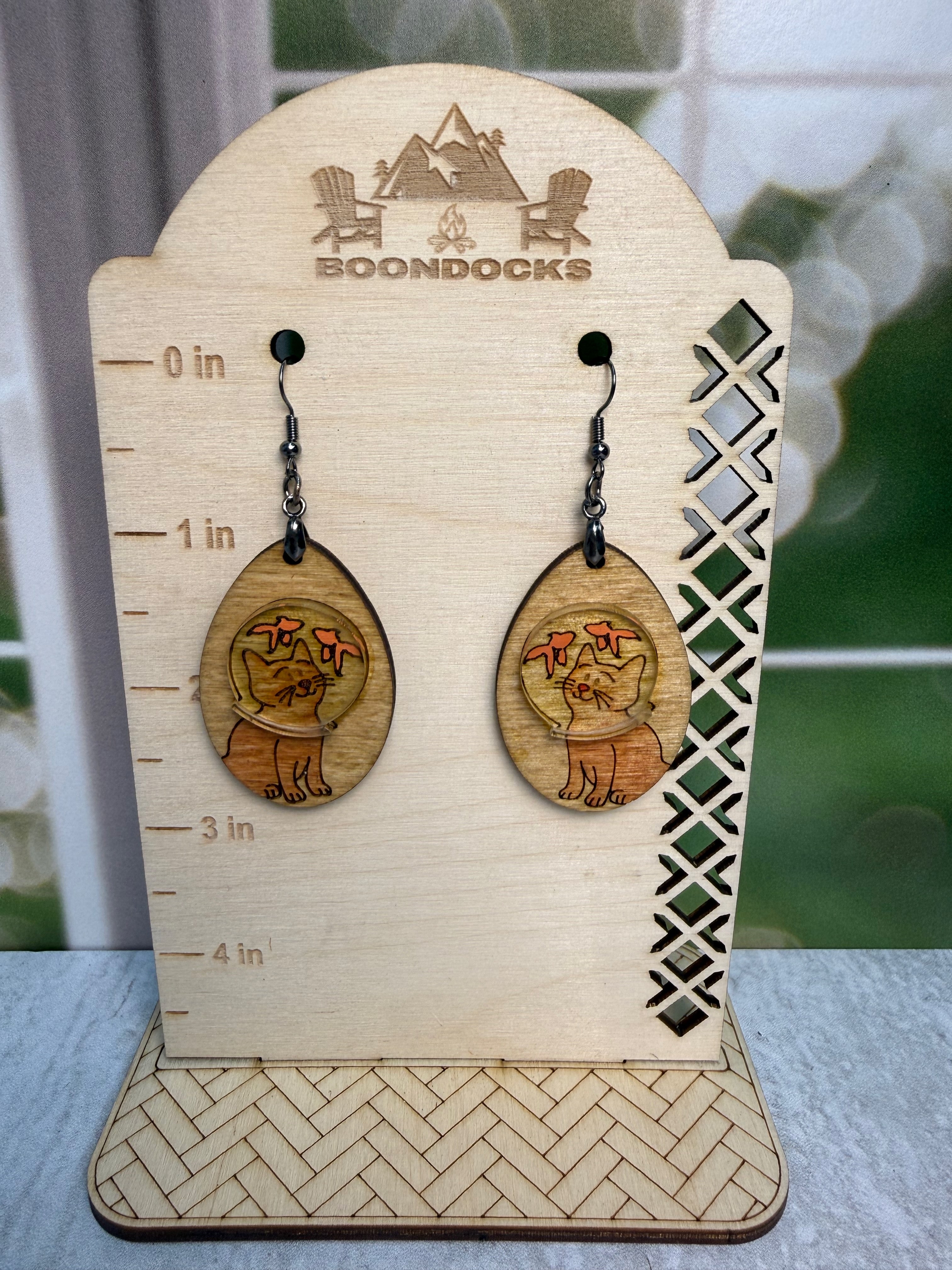 Handcrafted cat with fishbowl dangle earrings — Boondocks LLC whimsical western jewelry