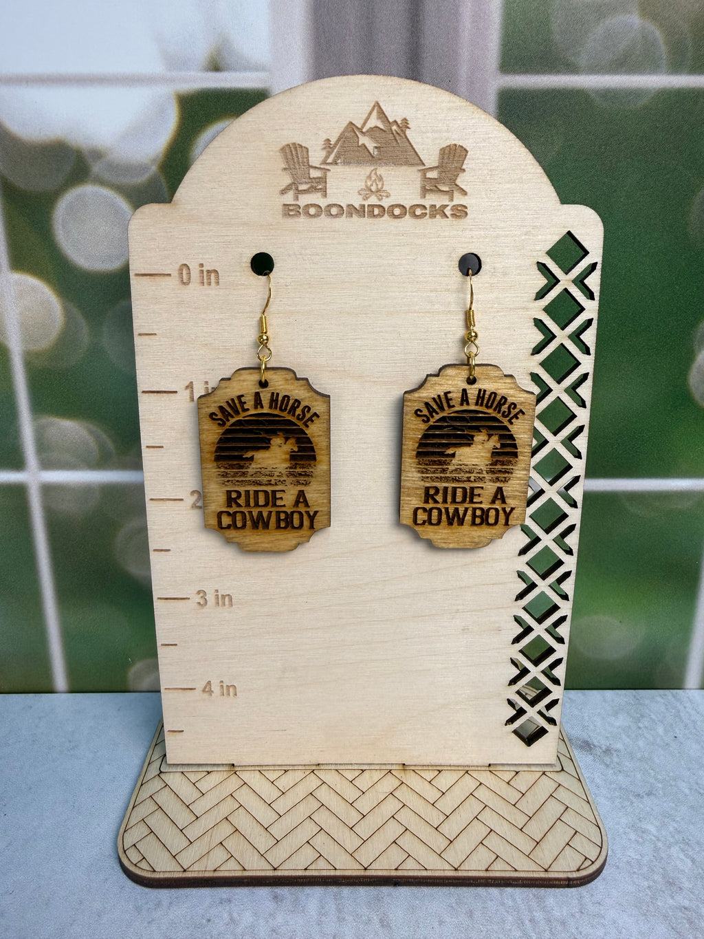 Handcrafted Save a Horse Ride a Cowboy earrings — Boondocks LLC western humor jewelry