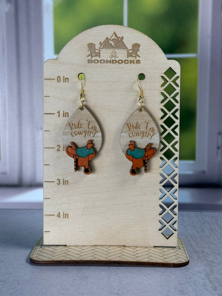 Ride 'Em Cowgirl Saddle teardrop dangle earrings